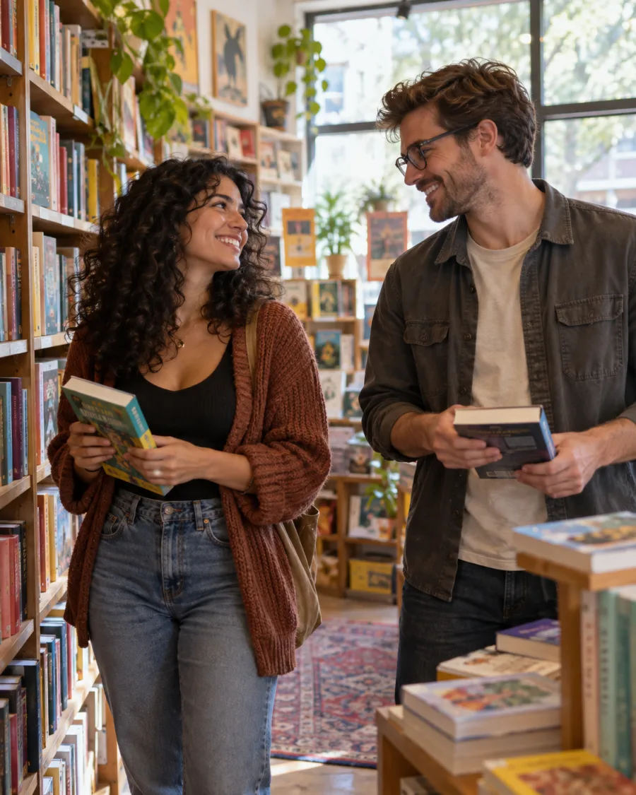 Two adults browsing in a bookshop. Illustrative AI-generated photo.
