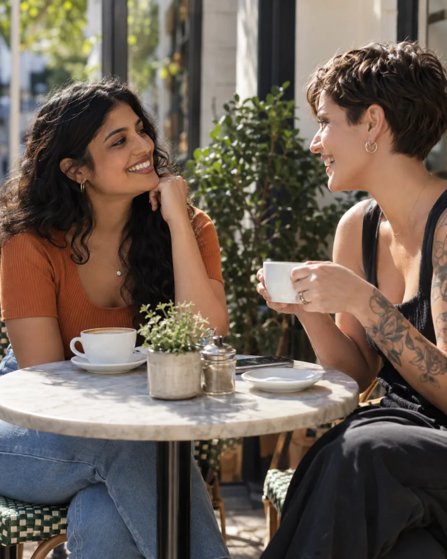 Two adults enjoying coffee outside. Illustrative AI-generated photo.