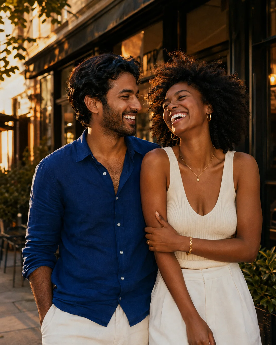 Two adults sharing a laugh outside a city café. Illustrative AI-generated image.